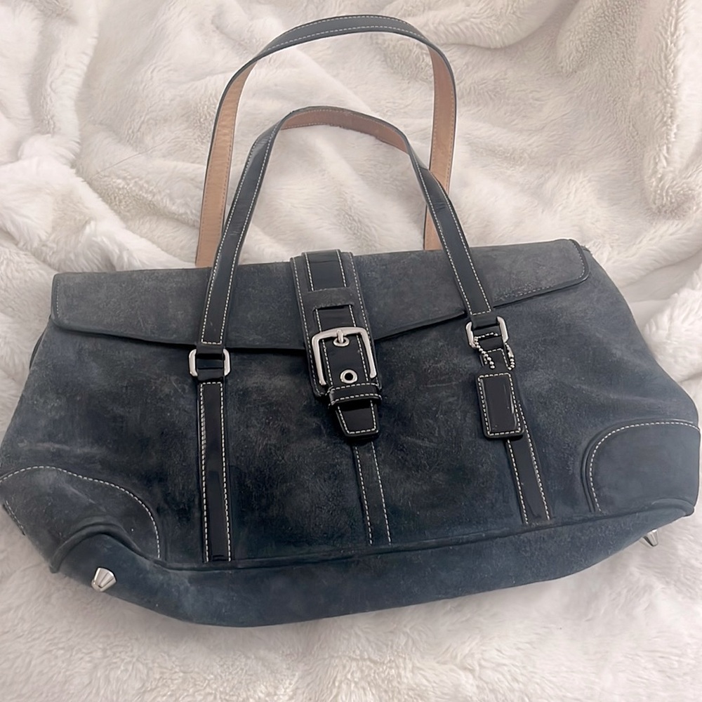 COACH- one of a kind. Blue suede and black patent leather detail!